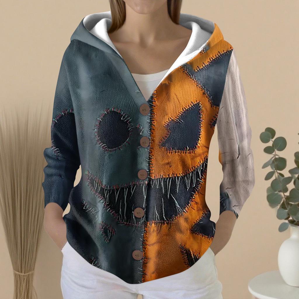 Women's Fashion Casual Sweater Button-Up Print Cardigan  Hooded Jacket
