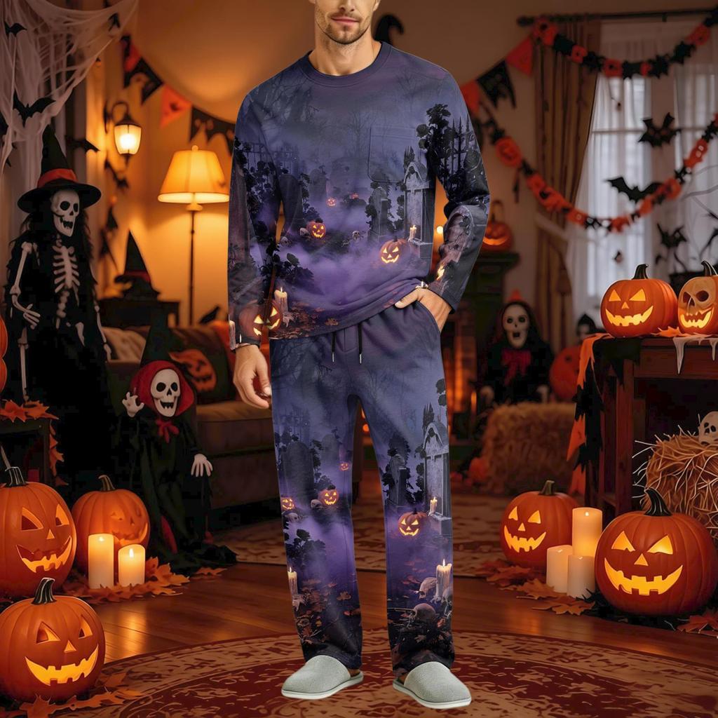 Men's Halloween Pajama Set Long Sleeve with Buttoned Crotch and Elastic Drawstring Waist Sleepwear