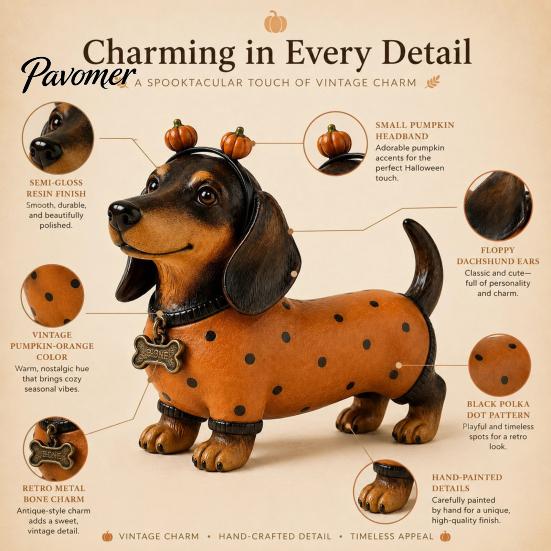 Cute Dog Figurines for Thanksgiving Fall Harvest Dachshund Figurine, Halloween Statue with Pumpkin Headband Polka Durable Resin Craft Ornaments