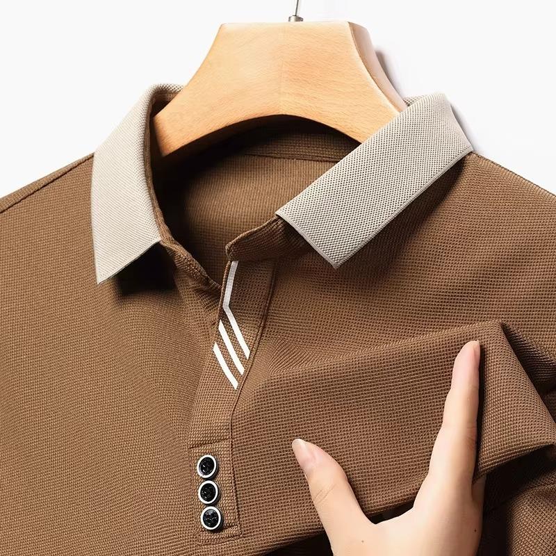Men's Spring Long Sleeve Polo Shirt Turn-down Collar Solid Color Breathable Cozy Tees Casual Button Up Male T-shirt
