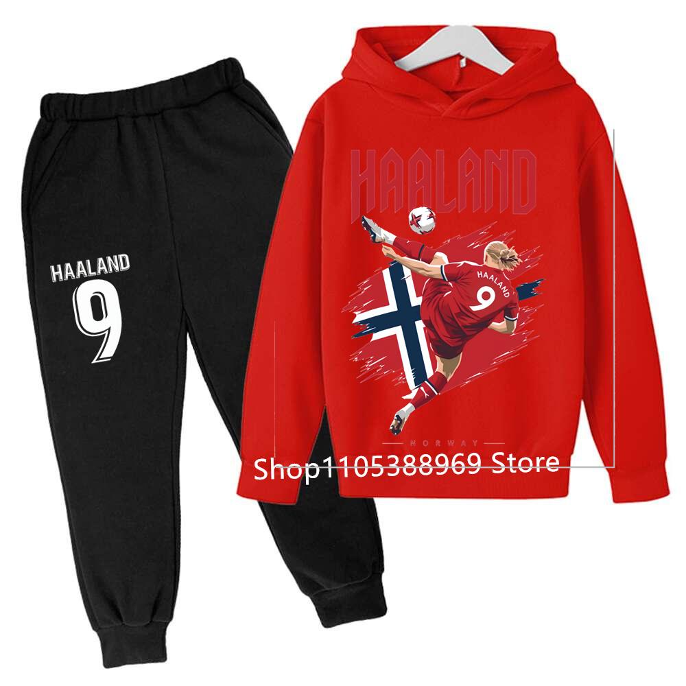 Boys Haaland Cartoon Football Tracksuit 2 Piece Hoodie and Jogger Pants Set Kids Graphic Print Sport Outfit