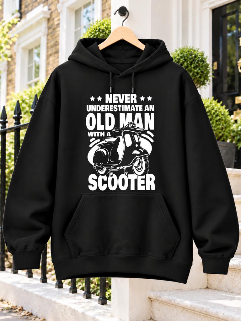Never Underestimate an Old for Man with a Scooter Quote Graphic Featuring Classic Scooter Silhouette and Bold White Typography Unisex Hoodie