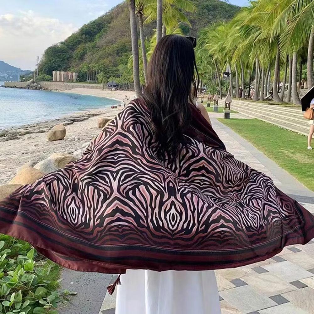 180Cm Leopard Print Flower Ethnic Style Scarf For Women'S Summer Sun Protection Silk Scarf, Paired With A Shawl Cape Beach Scarf