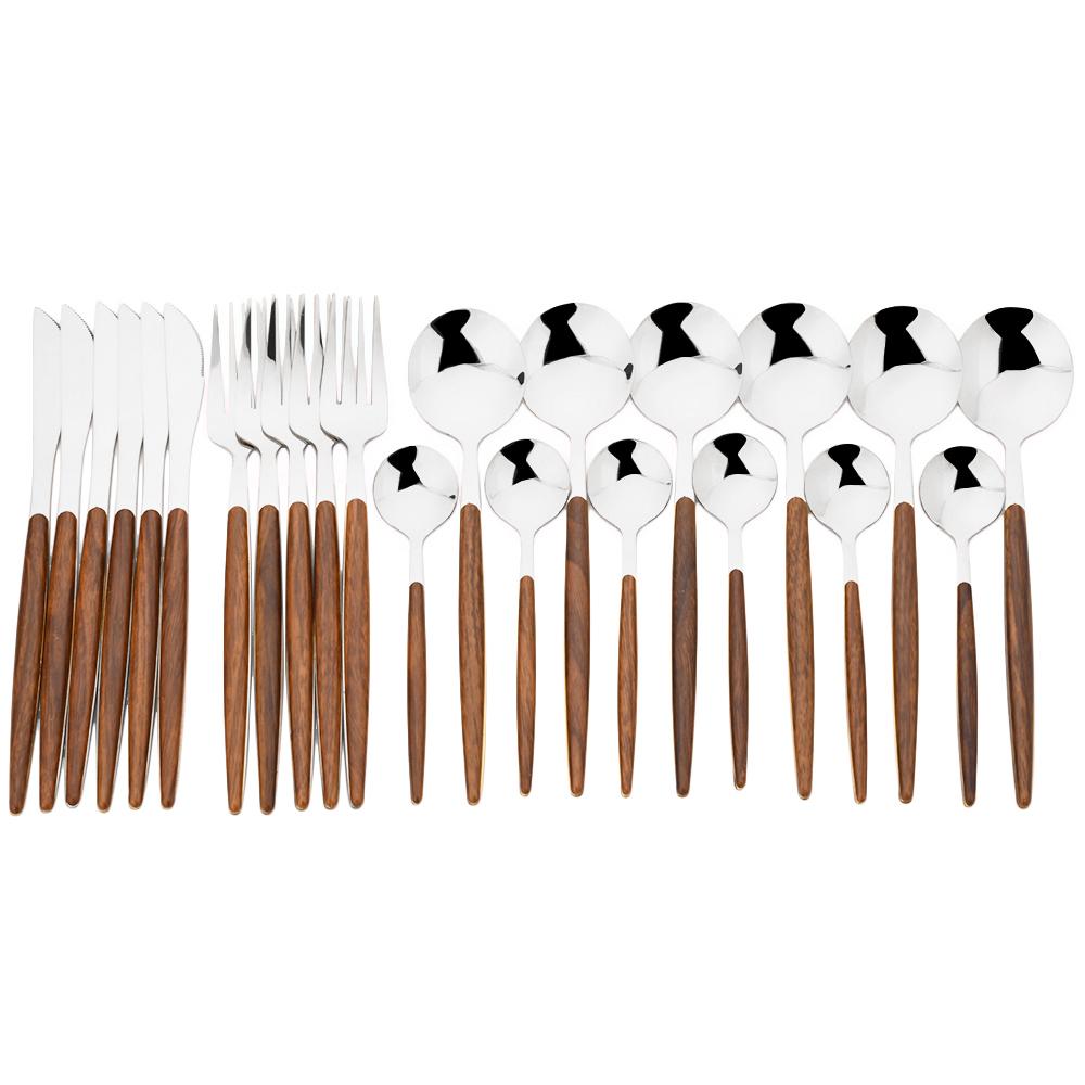24Pcs Wood Handle Gold Dinnerware Set Stainless Steel Tableware With Storage Rack Knife Fork Tea Spoon Kitchen Cutlery Set