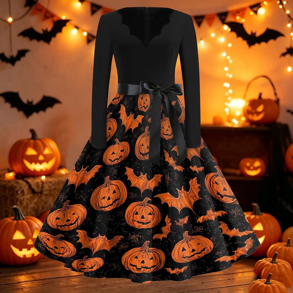 Women Casual Halloween Print V Neck Vintage Dress Long Sleeve Fit Flared Waist Tie Retro Style Swing Skirt Dress