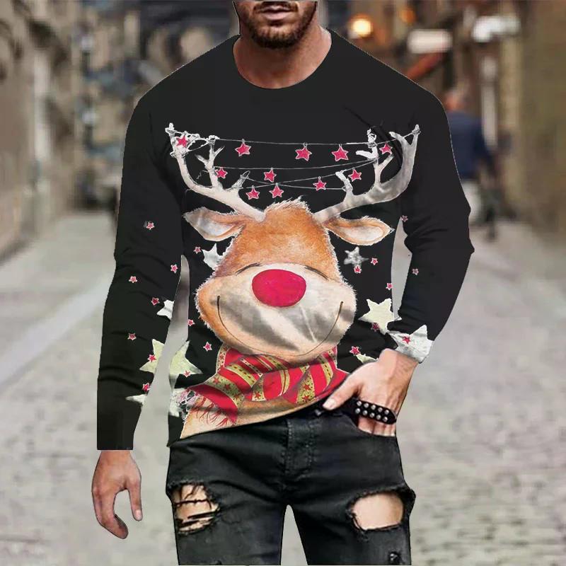 Funny Reindeer 3D Printed T-shirt Men's Christmas Hip-hop Street Wear Long Sleeved T-shirt Harajuku Top Children's T-shirt