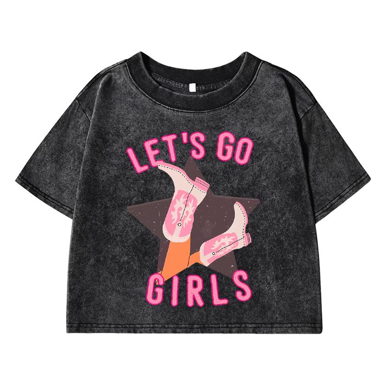 Girls Let'T Go Printing Female Washed Short T Shirt Summer Street Vintage Clothes Fashion Loose Distress Tee Tops