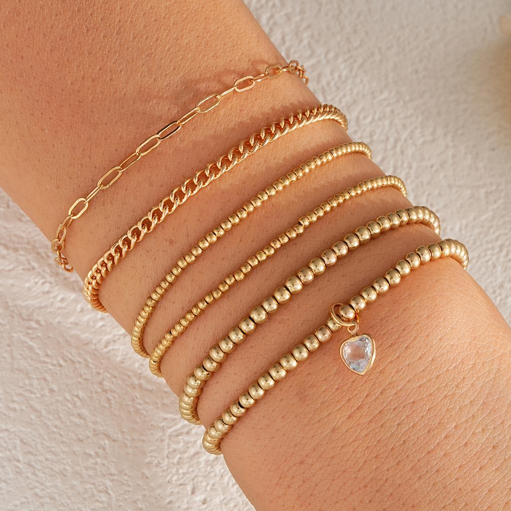 6Pcs/Set Gold Color Heart Crystal Beaded Bracelets for Women Vintage Punk CCB Stretch Pendant Bracelets Set Simple Jewelry Gifts