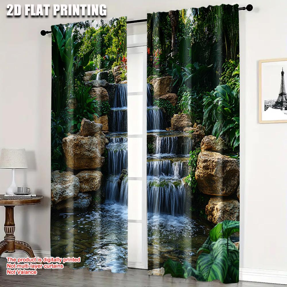 2pcs   Creative Curtains  print Mountain Rocks_ Flowing Water_ Lake_ River_ Green Forest_ Trees Nature Scene Versatile