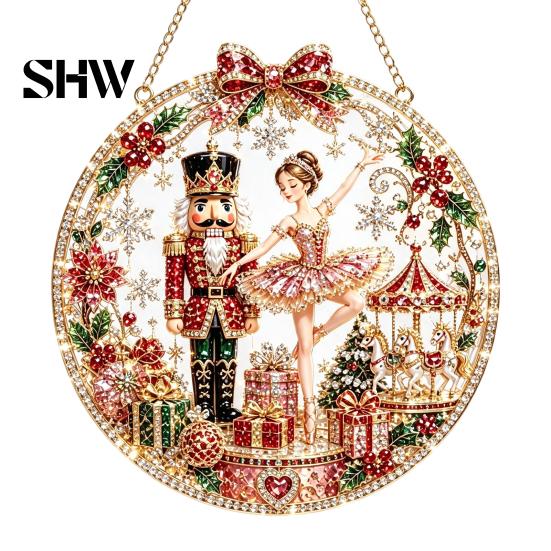 Christmas Faux Diamond Art Ornament Kit Kit, Santa Angel Sun Catcher DIY Acrylic Textured Bead Round Board, 3D Craft for Adults, Festive Window