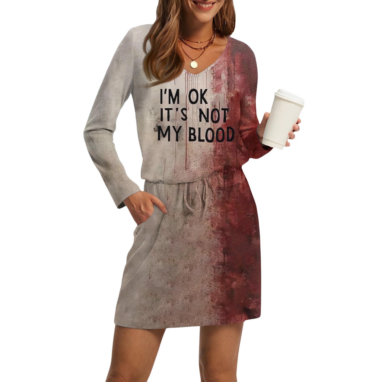 

Женские модные платья с V-образным вырезом, длинным рукавом, кулиской, карманом и принтом на Хэллоуин L