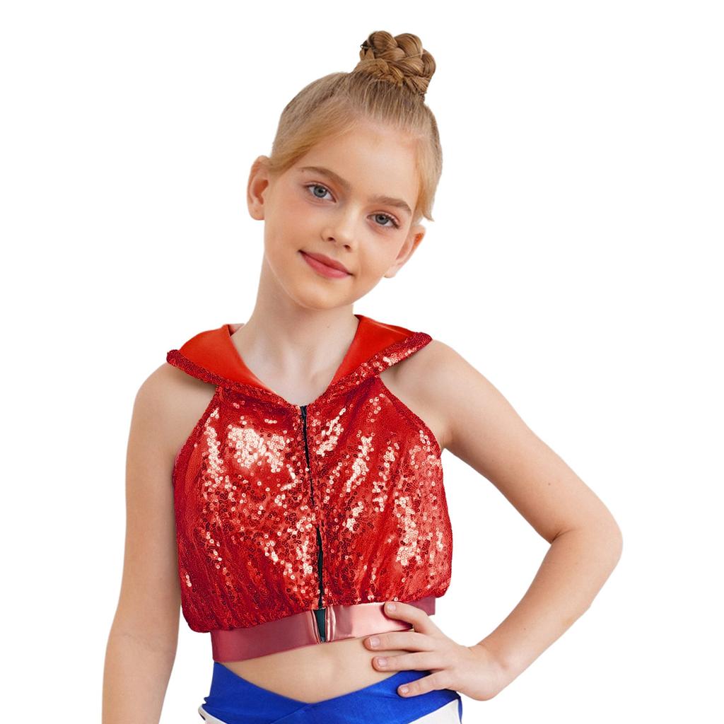 Sparkling Sequins Hip-Hop Jazz Top: Sleeveless Backless Hooded Crop Top with Front Zipper for Stage Dance Costume