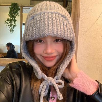 Face Small Solid Color Lace-up Knitted Wool Flying Hat Women's Winter Versatile Ear Protection Student Lei Feng Hat