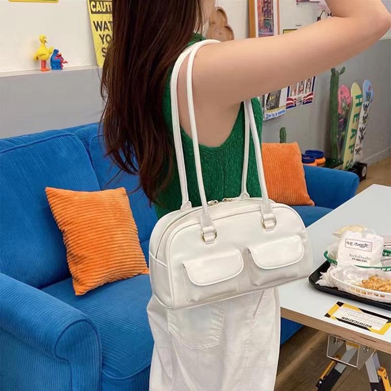 Korean Retro Wax Leather Bowling Shoulder Bag with Multi-Pockets