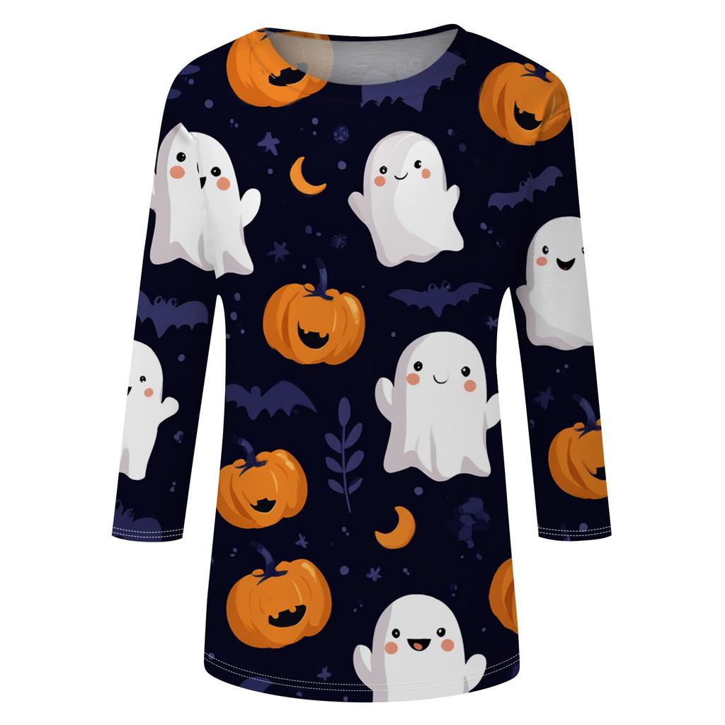 Damenmode Lässig Rundhals Dreiviertelarm Halloween Bedrucktes T-Shirt Top