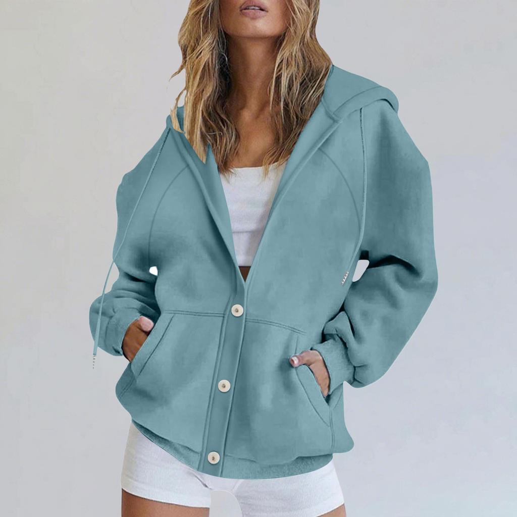 Women's Fashionable Loose Casual Cardigan Button Drawstring Hooded Sweatshirt