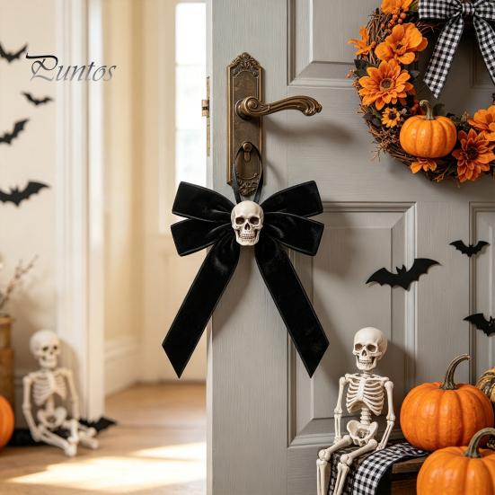 Vintage Style Hanging Ornament Halloween Velvet Bows with Skull Ornaments for Tree Decoration, Black Bow Pendant Gothic Flannel Home Holiday