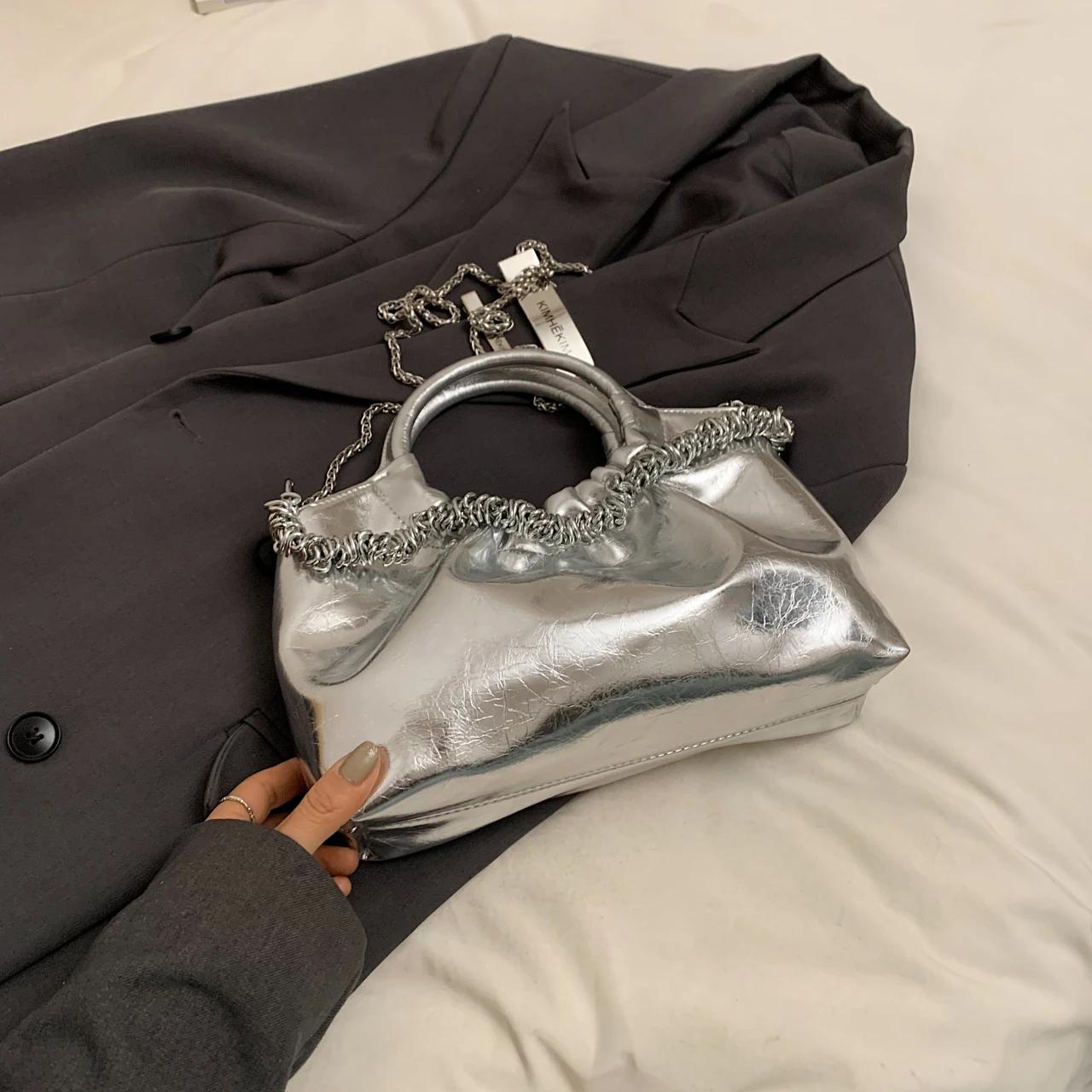 

Роскошная женская сумка через плечо из золота и серебра, кожаный свадебный клатч из искусственной кожи с круглой ручкой, дизайнерская новая