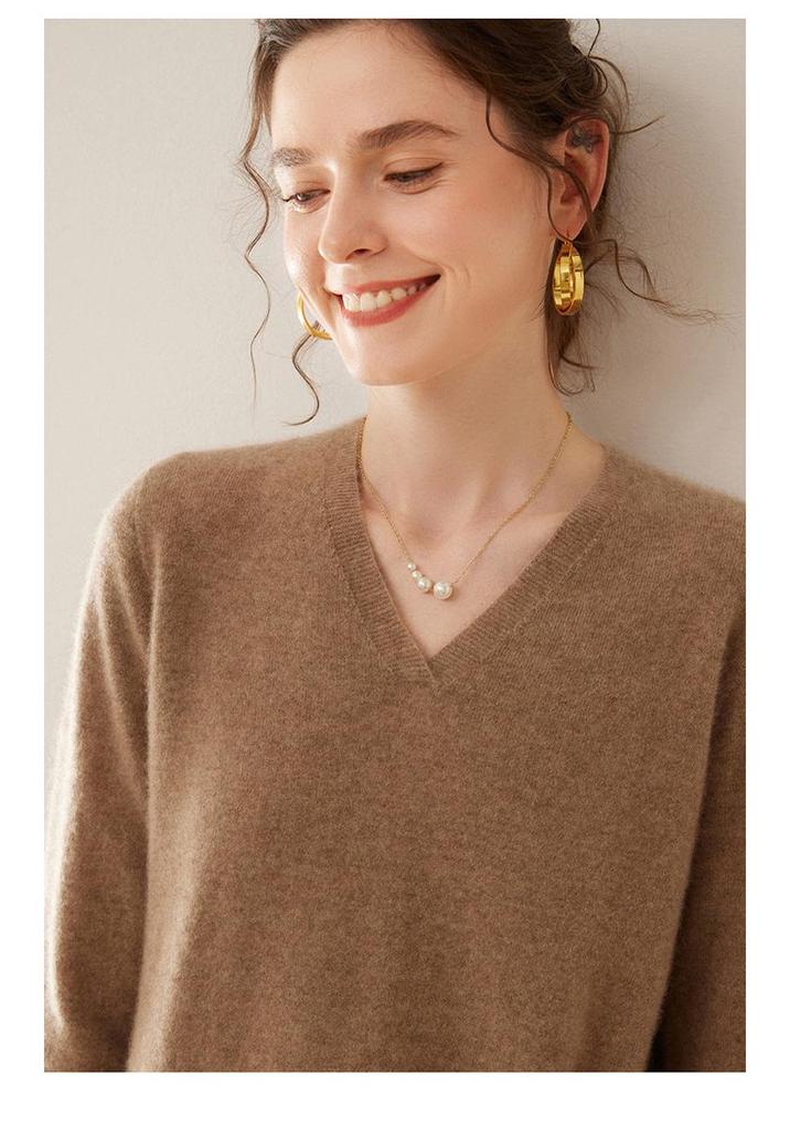 Women's Loose V-neck Cashmere Knit Sweater - Versatile Long Sleeve Pullover for Spring and Autumn