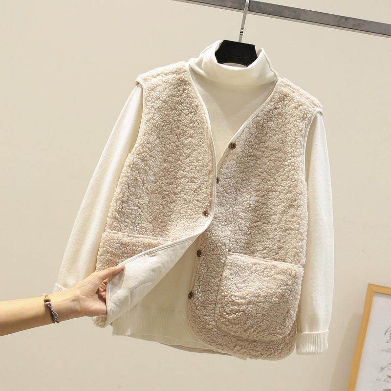 Lamb Wool Vest Women's Short Autumn and Winter New Fur Integrated Vest Granular Plush Vest Jacket