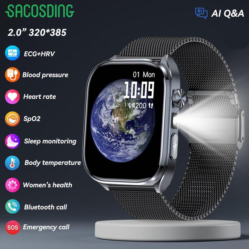 SACOSDING  BP Smart Watch Men Heart Health Analysis LED Flashlight Bluetooth Call AI-GPT Smart Bracelet For Android iOS