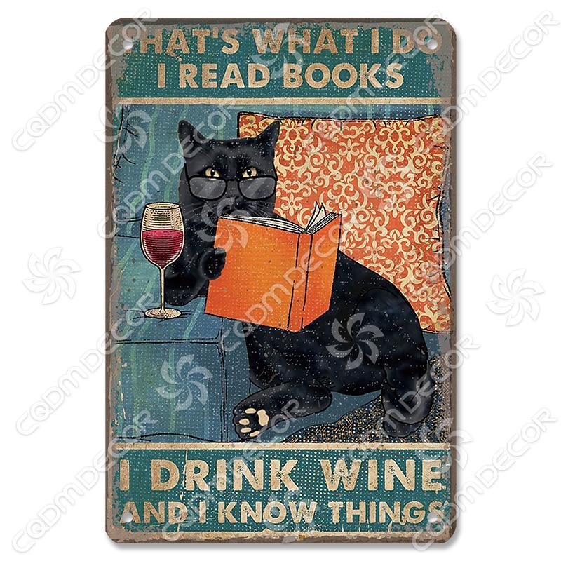 Black Cat Tin Sign Metal Plaque Read Books Drink Wine Pet Metal Poster Vintage Wall Decor for Coffee Shop Kitchen Bathroom Home