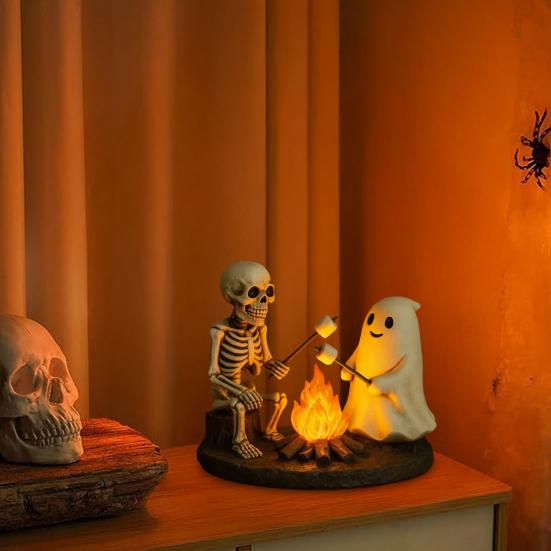 Skeleton Ghost Bonfire Night Lamp Halloween Roasting Marshmallow Ghost Statue Fake Campfire Lamp Home Bedroom Decoration