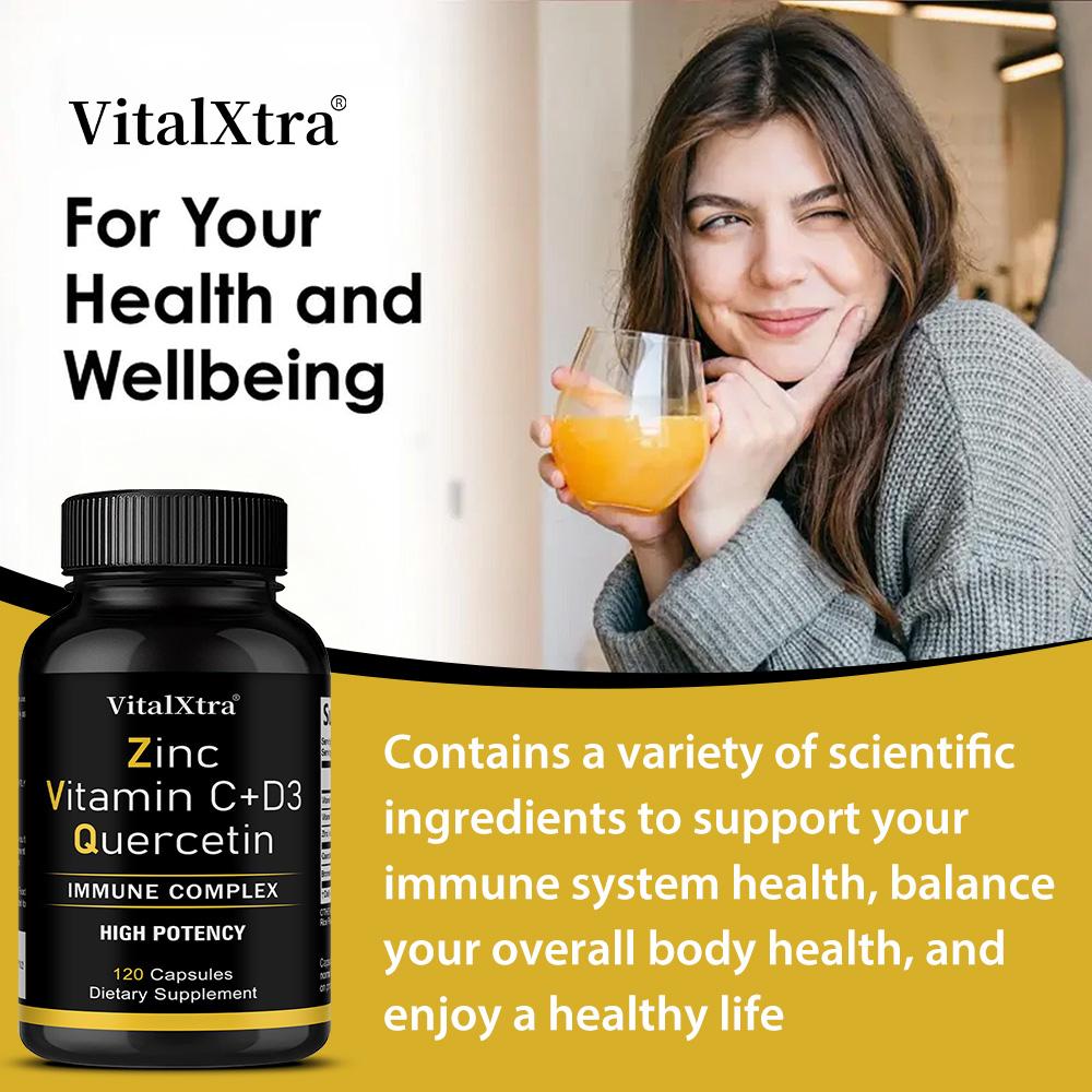 Zinc Quercetin 500 mg, containing Vitamin C, D3 and bromelain, 120 capsules, vegan formula.