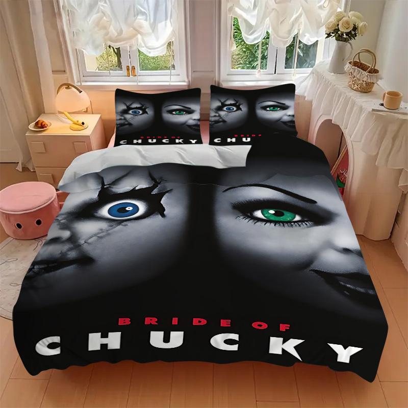 Braut Chucky Horror Print 3-teiliges Bettwäsche-Set Bettbezug mit 2 Kissenbezügen Heim-Geburtstagsgeschenk