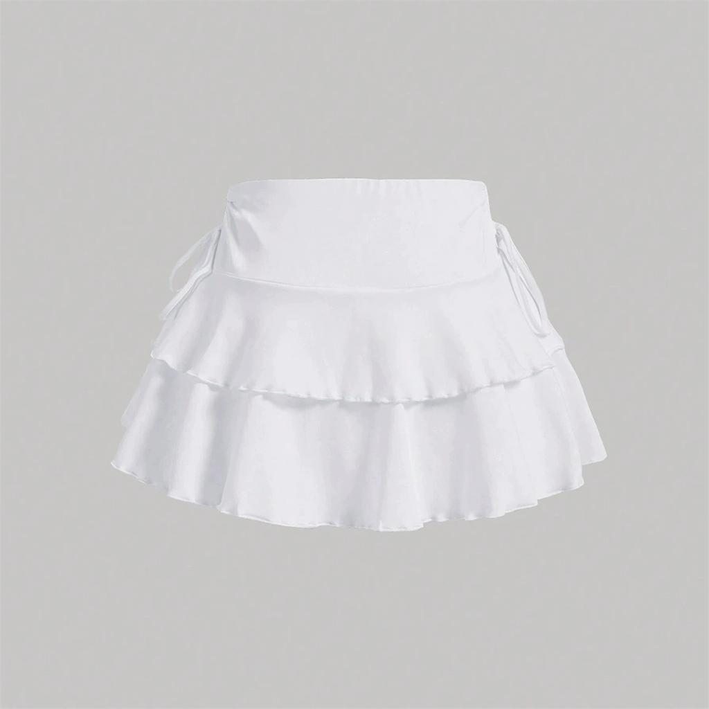 Solid Color Mini Skirt Women Summer Fashion Streetwear Versatile High Waist Slim Fit Ruffle Bows Elastic Waist Short Skirt