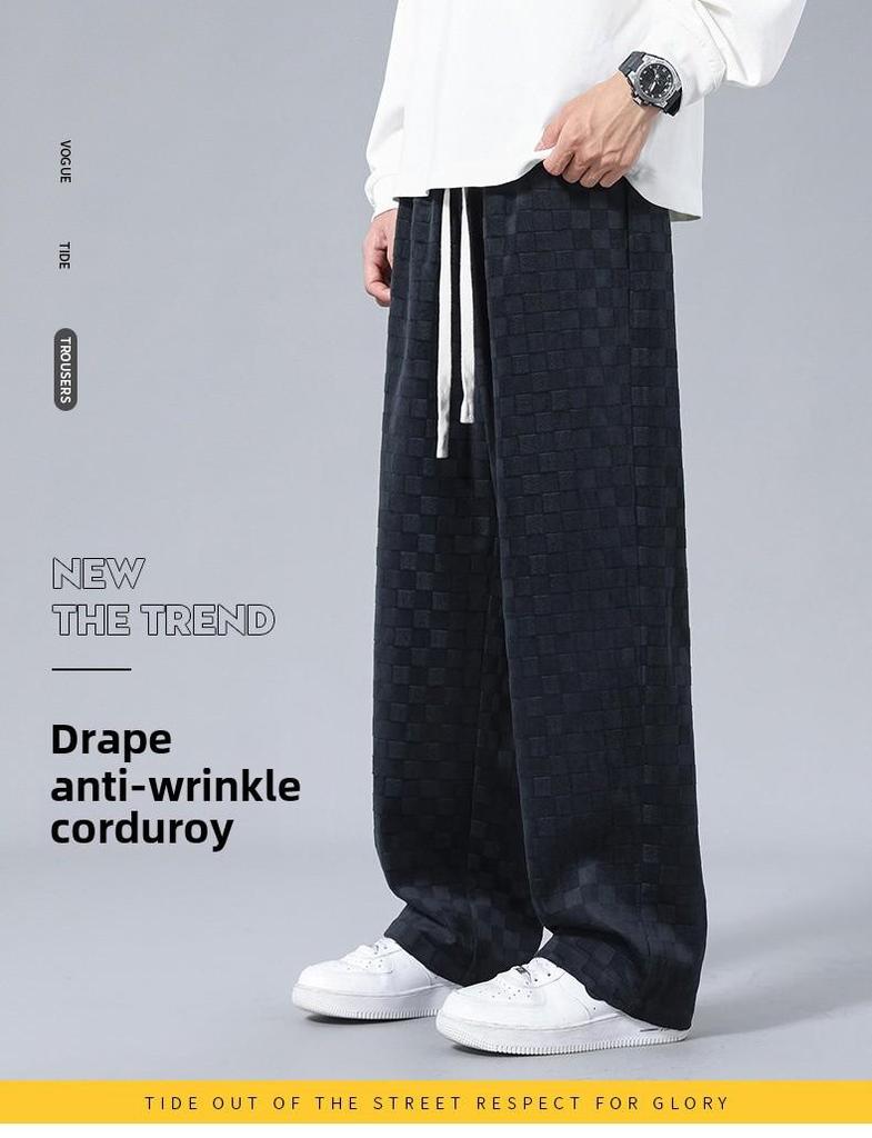 Men's Checkerboard Corduroy Wide-Leg Pants - Casual, Loose Straight Fit for Spring and Summer