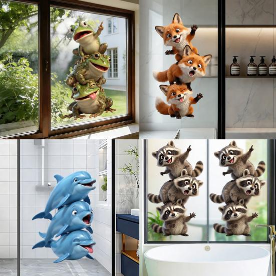 Cute Animal Window Cling Removable Cartoon Squirrel Raccoon Frog Panda Fox Glass Decals for Home Classroom Office Kids' Room Decor