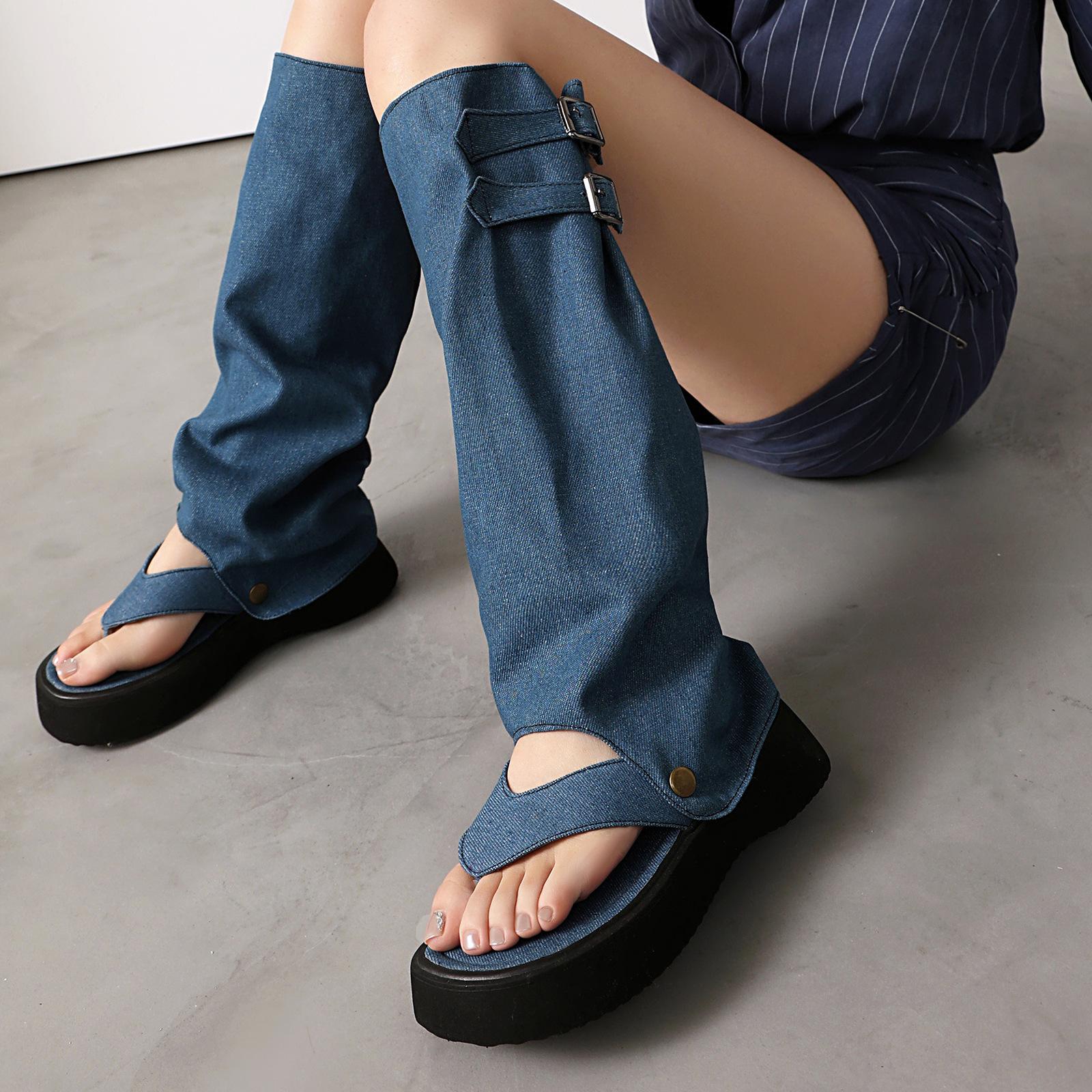 

Европа, Америка, весна и лето носят больше женских ботинок, носки, личность, крутые ботинки на толстой подошве, деним две туфли 39 темно-синий