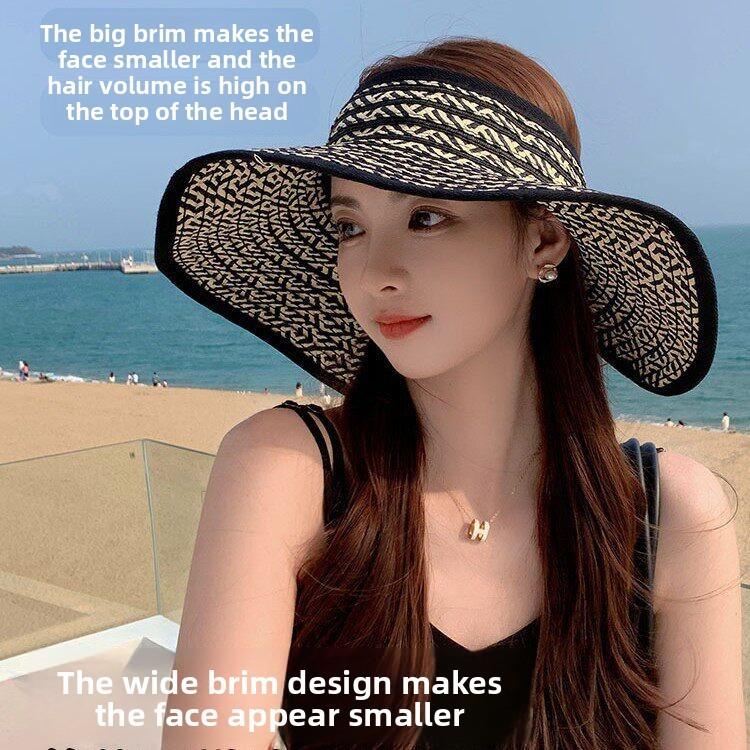 Woman Summer Straw Hat With Large Brim And Foldable Design For Outdoor Sun Protection