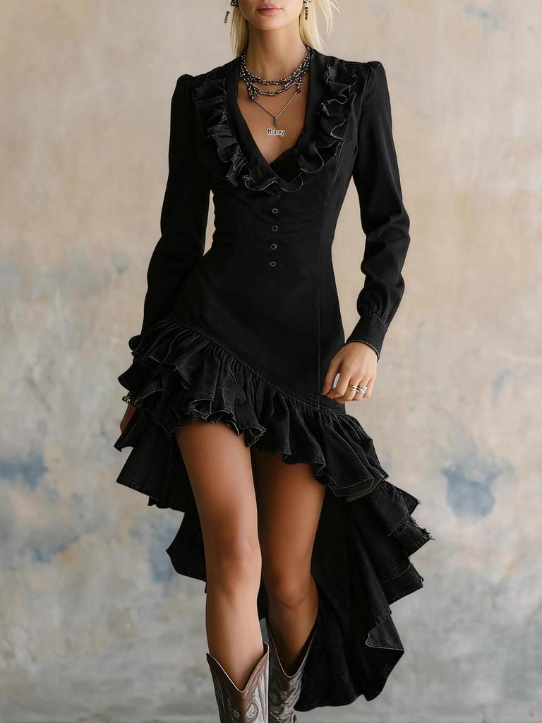Women's Retro Elegant V-Neck Ruffle Dress - Casual Western Pastoral Style, Solid Color