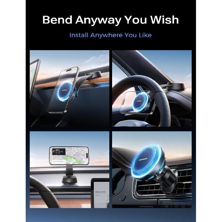 For MagSafe Car Mount Charger, [ICY Cooling Charging] 15W Wireless Car Charger Holder for iPhone 15 14 13 12 Pro Plus Max, Bendable Memory Titanium