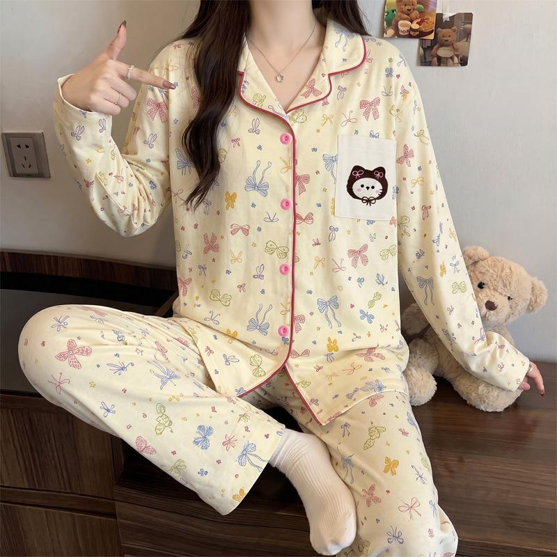 Cute style rabbit pure cotton pajamas women's spring and autumn long-sleeved thin cotton student casual loungewear set