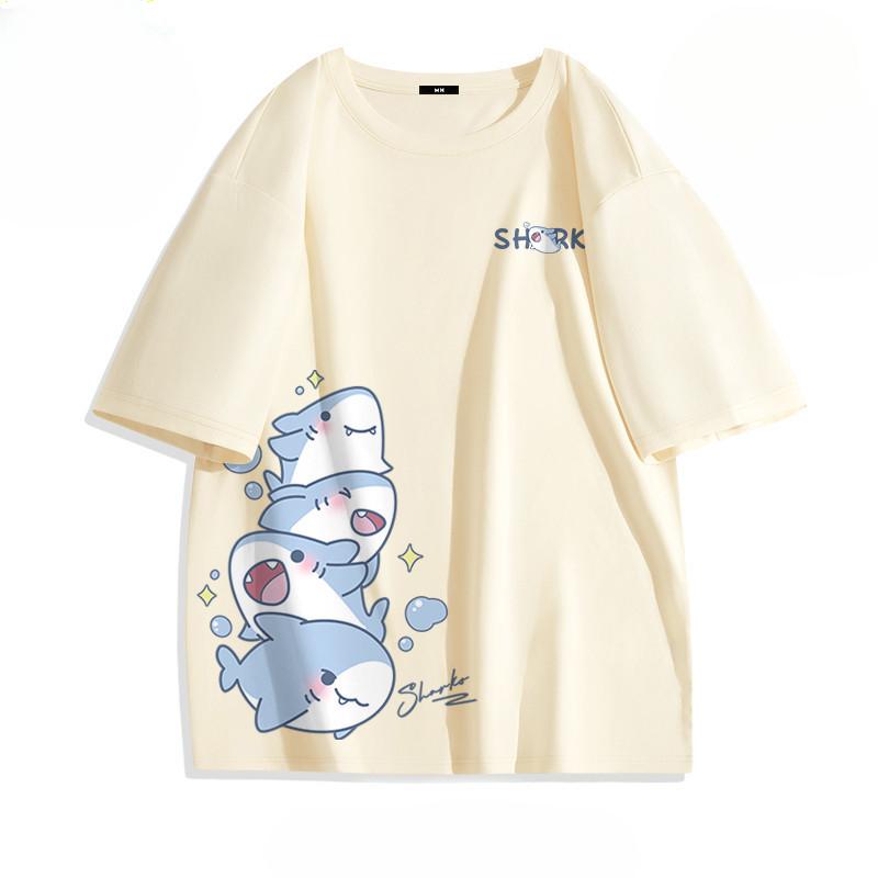 Summer Ice Silk Blue Top Youth Breathable Half Sleeve Large Loose Tee Men Women Cute Shark Cartoon Print Short Sleeve T-shirt