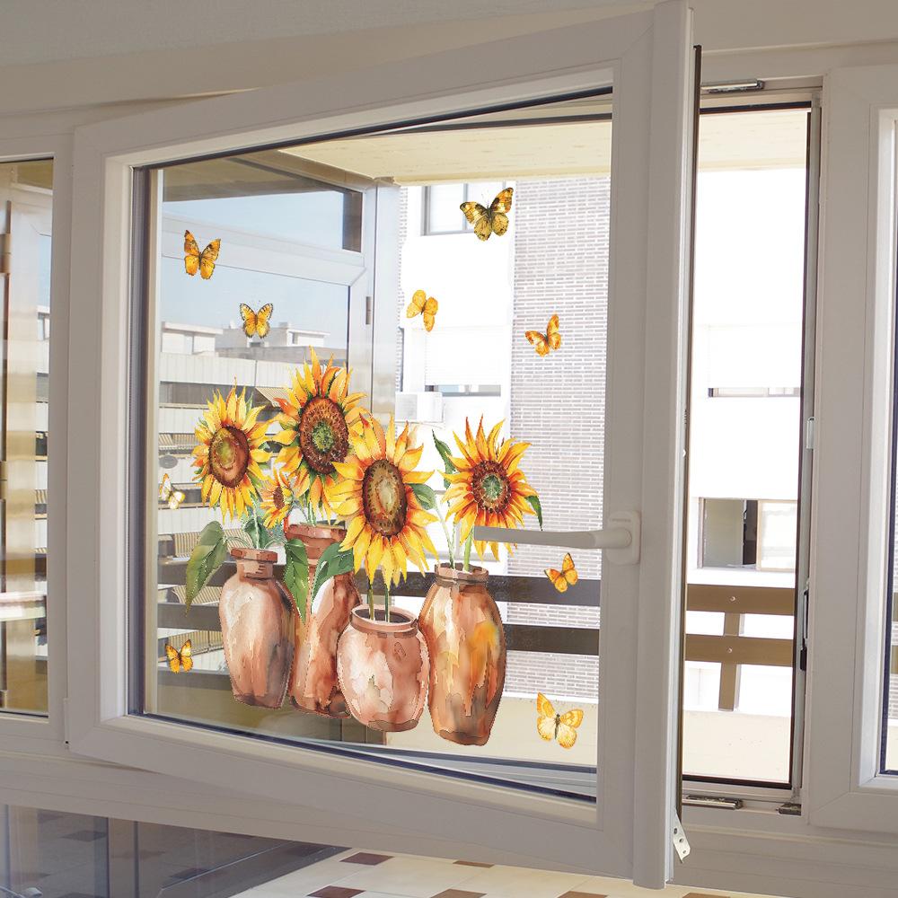 Hand-Painted Sunflower Butterfly Static Cling UV Window Sticker for Glass Door Window Home Decoration
