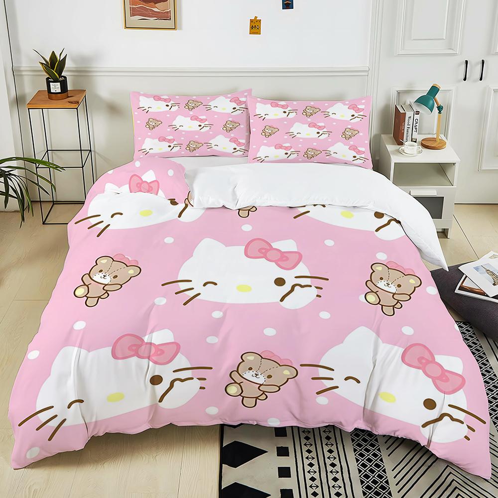 Cute Sanrio Friends Print Bedding Sets Hello Kitty Melody Cinnamoroll Bed Cover Duvet Cover Pillow Case 2-3 Pieces Sets