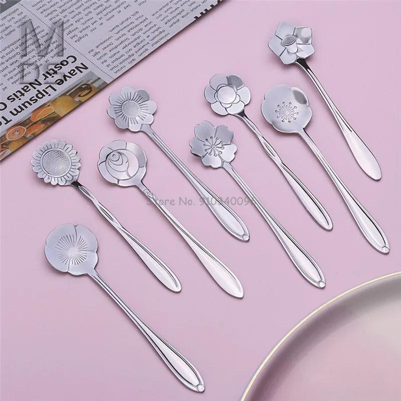 8Pcs Creative Coffee Spoon Stainless Steel Colorful Stirring Milk Teaspoon Dessert Ice Cream Spoon Tableware Flowers Design