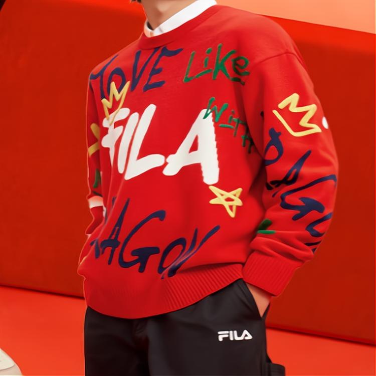 FILA Da Da Dragon Series New Year Couple Knitted Sweater With Color Block Fun Handwritten Pattern Unisex Sweater Legendary-Red F11U419402F-RD