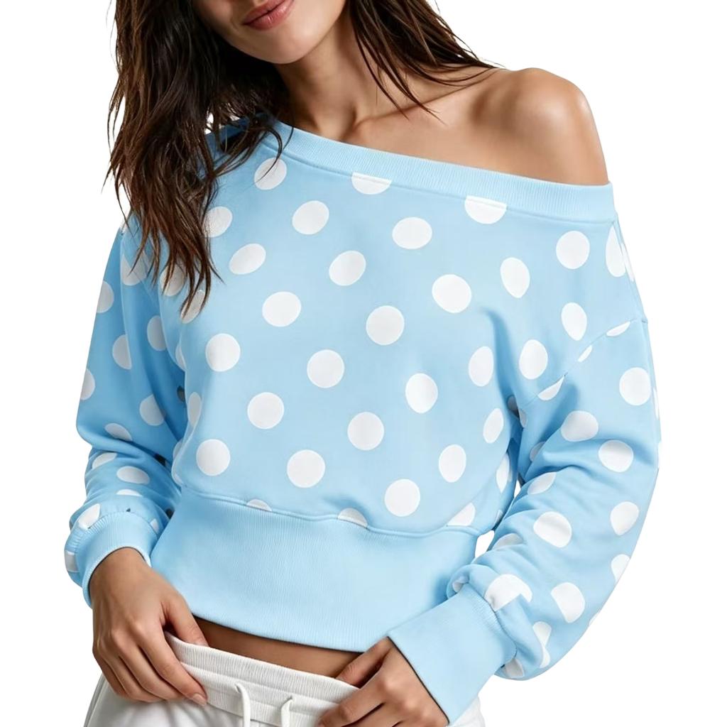 Damen Polka Dot Schulterfreies Sweatshirt Langarm Lockerer Schnitt Lässiges Oberteil