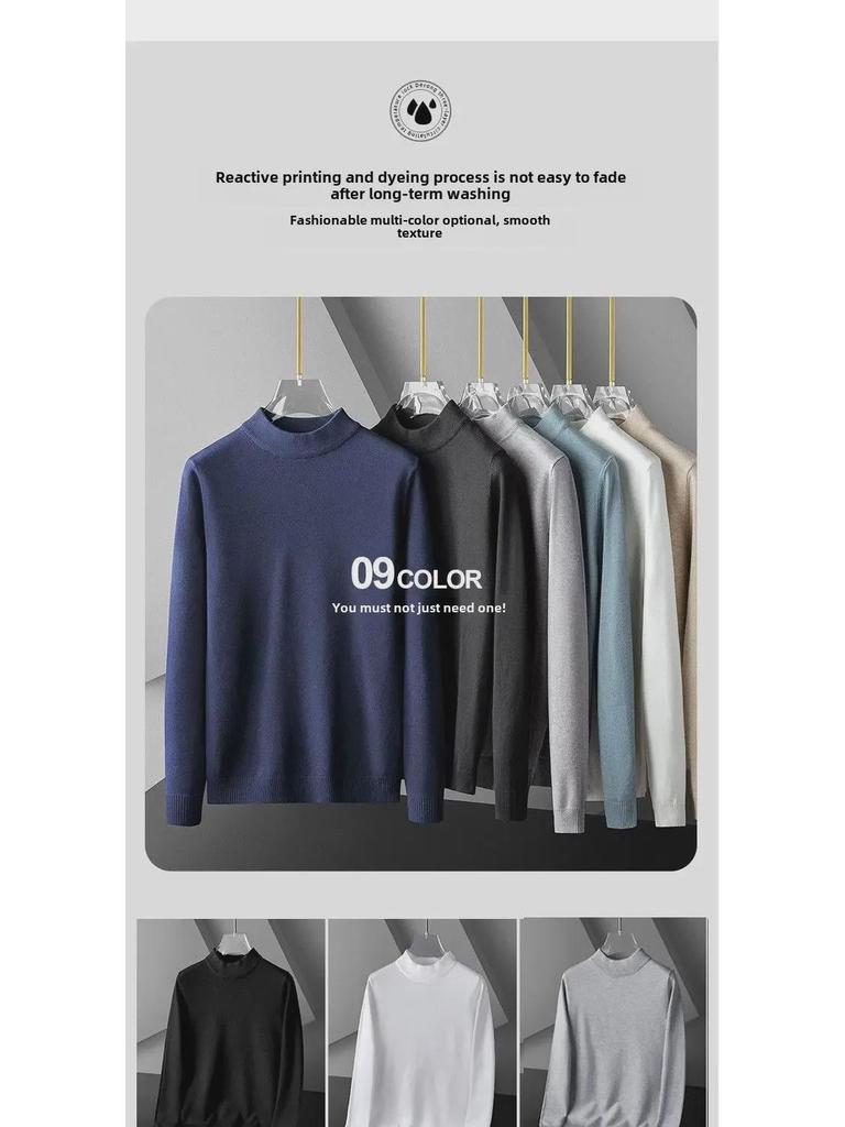 Men's Black Slim Fit Mid-Neck Knitted Sweater - Half Turtleneck for Autumn/Winter
