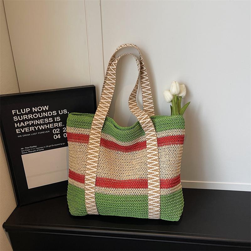 Contrast Straw Bag Large Capacity Holiday Beach Bag Women's Shoulder Tote Bag
