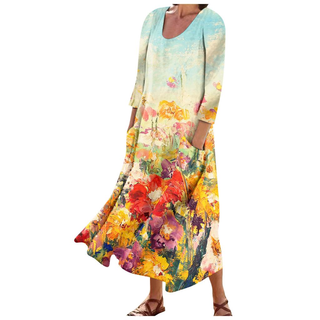 Damenmode, lässig, bedruckt, Rundhalsausschnitt, 3/4-Ärmel, lockere Taschen