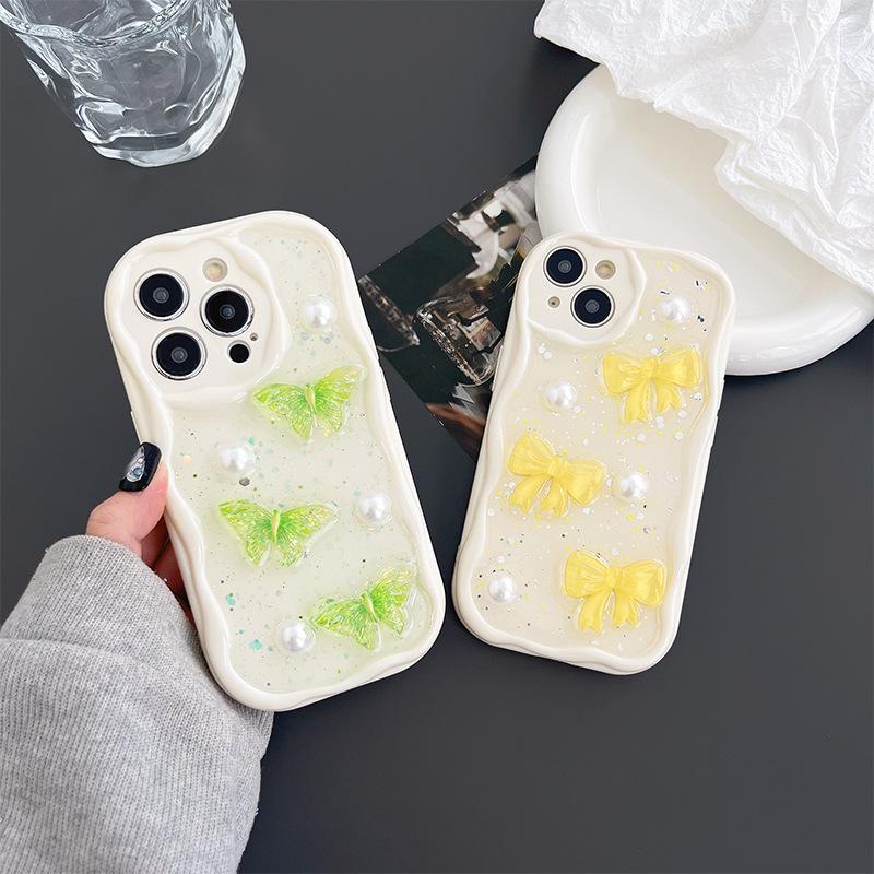 Three-Dimensional Butterfly Pearl Mobile Phone Case Is Suitable For Apple 17Promax Fine Hole All-Inclusive Anti-Drop Iphone14 Bow Tie 16.