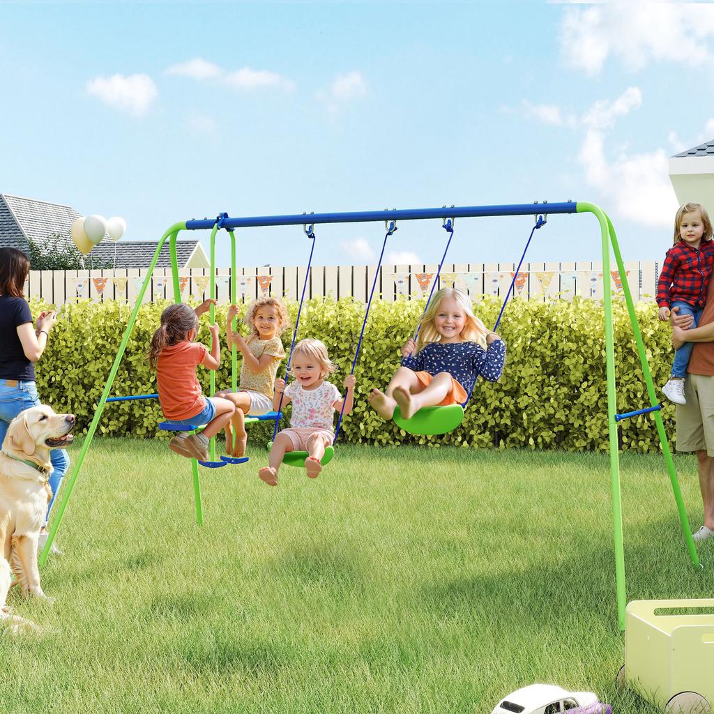 Metal Swing Set, with Seesaw, Adjustable Height, for Ages 3+ Years, Green