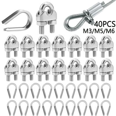40/13PCS M3/M5/M6 Stainless Steel Cable Clamp U-Bolt Bow Shape Wire Rope Clamp with Cable Thimble for Wire Rope Clothesline