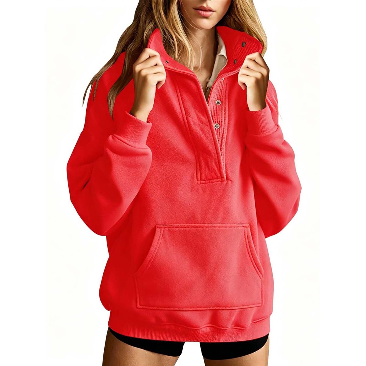 Dames Half-Knopen Opstaande Kraag Sweatshirt Losse Pullover Top Met Zakken Casual XL rood